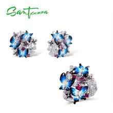 SANTUZZA Jewelry Set For Woman 925 Sterling Silver HANDMADE Colorful Enamel Blue Butterfly CZ Ring Earrings Set Fashion Jewelry 2024 - buy cheap