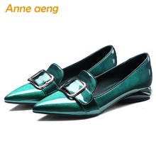 2019 New Autumn/Spring Genuine Leather Women Pumps Low Square Heel Pointed Toe Buckle Fashion Casual Women Shoes Green Pumps 2024 - buy cheap