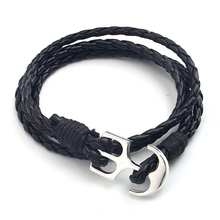 NIUYITID 40cm PU Leather Men Bracelet Jewelry Anchor Bracelet Handmade Silver Color Alloy Braclet For Women Male Accessories 2024 - buy cheap