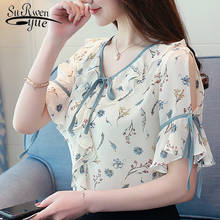New fashion 2019 print chiffon women blouse shirt short sleeve summer women tops bow sweet women's clothing shirt blusas 0049 30 2024 - buy cheap