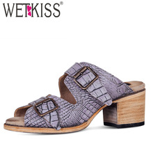 WETKISS 2019 Big Size 50 Women Emboss Slippers Peep Toe Buckle Summer Shoes Slides Fashion High Heels Mules Woman Casual Shoes 2024 - buy cheap