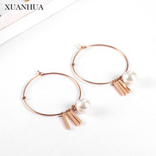 XUANHUA Rose Gold Charm Pearl Hoop Earrings Fine Jewelry Accessories Stainless Steel Jewelry Woman Vogue 2019 Bohemian Jeweler 2024 - buy cheap