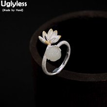 Uglyless 100% Real Solid 925 Sterling Silver Handmade Lotus Rings for Women Ethnic Fine Jewelry Natural Jade Flower Finger Rings 2024 - buy cheap