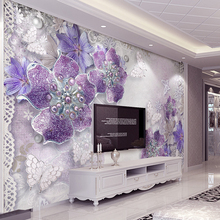 Papel de parede com pérolas para decoração caseira, mural de parede personalizado estilo europeu, borboleta, flores roxas, pintura de parede, sala de estar, plano de fundo de tv 2024 - compre barato