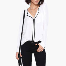 Fashion Womens Casual White V Neck Long Sleeve Black Side Chiffon Blouse Shirt Work Wear Women Tops 2024 - buy cheap