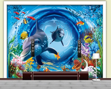 Beibehang-papel tapiz 3d personalizado para niños, pintura de pared de fondo para sala de estar, mundo submarino, Delfín de dibujos animados, pez Coral 2024 - compra barato