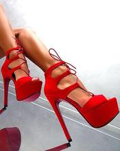 Carpaton Newest Sexy Peep Toe Platform High Heel Sandal Summer Lace-up Gladiator Shoes Red Black Suede Cutouts Thin Heels Shoes 2024 - buy cheap