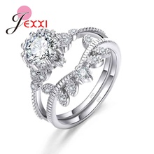 Conjunto de anillos de banda con cristales brillantes para mujer, joyería de plata de ley 925 para compromiso de Boda nupcial, novedad 2024 - compra barato