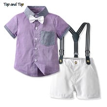 Top and Top Summer Kids Boys Casual Clothing Sets Short Sleeve Purple Shirt+Overalls Children Boy Gentleman Outfits Bebe Suit 2024 - buy cheap