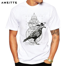 AMEITTE Retro Magic Raven T-Shirt Men's Geometric Design Bird Print T Shirt High Quality Geek Style Male Short Sleeve Tee Shirts 2024 - buy cheap