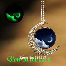 Colar luminoso com pingente de lua, colar de vidro cabochão de vidro, joias que brilham no escuro 2024 - compre barato