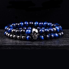 ATTYIRENA Skeleton Charm Bracelet 2pcs/set 6mm Blue Natural Tiger Eye Bead Stone Elasticity Rope Men Women Bead Bracelets 2024 - buy cheap