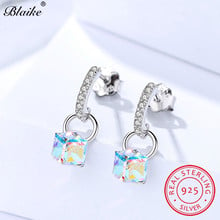 Solid S925 Sterling Silver Earrings Rainbow Crystal Drop Earrings For Women Square Dangle Earrings Female Zircon Fine Jewelry 2024 - buy cheap