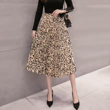 Long Leopard Skirts for Women 2018 Korean Fashion Autumn Winter High Waist Pleated Skirt Midi Ladies Leopard Print Skirts Satin 2024 - buy cheap