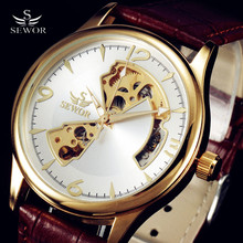 Luxury Brand SEWOR Gold Skeleton Watch Men Brown Leather Strap Mechanical Clock Fashion Business Automatic Wristwatch Gift 2024 - buy cheap