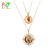 F.J4Z New Hot Vintage Necklace Fashion 2 Layers Chain Circle Man Head Pendants & Necklaces For Women Sweater Jewelry Bijoux 2024 - buy cheap
