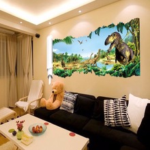 Adesivos de parede de animais, 90*50cm para quartos de crianças, dinossauro 3d, pvc quebrado, plano de fundo decorativo, sala de estar natural, poster de arte 2024 - compre barato