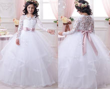 Elegant Pageant Dresses for Girls with Bow Sash O-Neck Long Sleeves Solid Ball Gown Flower Girls Dresses Communion Gown 2024 - buy cheap