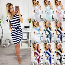 New 2019 Spring Summer Dress Casual Sexy Bandage Bodycon Dress Short Sleeve Casual Dresses Pocket Cotton Striped Mini Dress 2024 - buy cheap