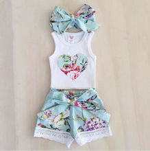 3 Pcs Criança Do Bebé Roupa Tops Colete Floral + Shorts de Renda Calças Outfits Set 2024 - compre barato