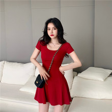 Vestido corto ajustado coreano de verano con manga corta, minivestido ajustado con cuello redondo para mujer, color rojo, negro y rosa 2024 - compra barato