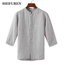 SHIFUREN Causal Men Linen Shirts Three Quarter Sleeve Breathable Mandarin Collar Retro Chinese Traditional Kongfu Shirts Tops 2024 - buy cheap