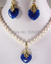 Free p&p Wholesale  >>white pearl Blue jade  Pendant necklace earring set 2024 - buy cheap
