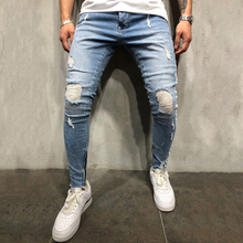 Pantalones vaqueros ajustados de alta calidad para hombre, ropa de calle de estilo hip hop, con tiras blancas laterales, rasgados, con agujeros en la rodilla 2024 - compra barato