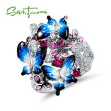 Женское серебряное кольцо с бабочками SANTUZZA, из серебра 925 пробы с блестящим кубическим цирконием и эмалью, модные ювелирные украшения 2024 - купить недорого