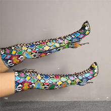 Luxury Women's Plus Size 35-47 Colorful Snake Print Women Shoes Woman Sexy Thin High Heels Summer Boots Over The Knee Boots 2024 - compre barato