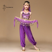 Traje de dança do ventre infantil, 5 peças (top + calça + corrente de cintura + pulseira + chapéu), roupas de dança indiana para meninas, traje de bollywood 2024 - compre barato