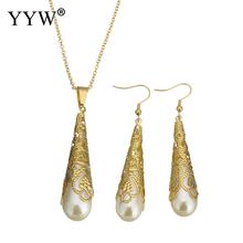 2017 fashion jewelry Resin Jewelry Sets earring & necklace Stainless Steel with Resin Pearl Teardrop gold color plated for woman 2024 - buy cheap