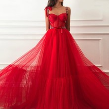 Saudi Arabic Muslim Sweetheart Crystal Straps Red Evening Dresses A Line Long Tulle Evening Dress Formal Party Gown 2024 - buy cheap
