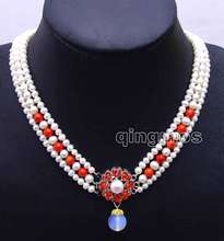 6-7mm White Round Natural FW pearl and red coral 3 strands 18-19" necklace & Opal prndant-nec6080 wholesale/retail Free shipping 2024 - buy cheap