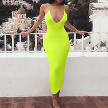 Women Summer Sexy Strap Dresses 2019 New Women Summer Sexy Deep V-Neck Solid High Waist Pencil Dress 2024 - buy cheap