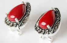 VINTAGE 925 STERLING  RED CORAL MARCASITE EARRINGS 15X19MM natural gem/stone/coral/opal Marcasite Factory wholesale price 2024 - buy cheap