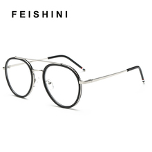 Feishini Pink korea Fake Glasses Computer Women Vintage Metal Pattern Leg Design Eyewear Men Eyeglasses Clear Lens Transparent 2024 - buy cheap