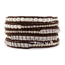 Pearl natural white crystal 5 wraps silver beads brown leather cord bracelet 2024 - buy cheap