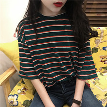 Camiseta de manga curta listrada feminina, camiseta casual folgada com gola redonda para mulheres, 2019 2024 - compre barato