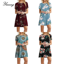 Женское платье-рубашка YMING, Повседневное платье с коротким рукавом и цветочным принтом, белый и красный цвета 2024 - купить недорого