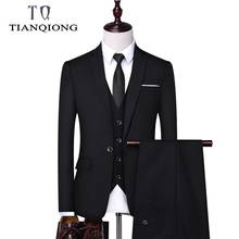 TIAN QIONG Men Dress Suits 2019 Slim Fit 3 Piece Navy Blue Grey Wedding Suits for Men Latest Business Formal Mens Plaid Suit 2024 - buy cheap
