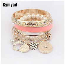 Kymyad Bracelets & Bangles Sets Women Coins Simulated Pearls Charm Bracelets For Women Bijoux Gold Color Bangle Bracelets Womens 2024 - buy cheap