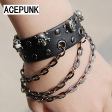Punk Rivets Hand Chain Bracelets For Women Leather Bracelet Men Skeleton Skull Bangles Pulseira Masculina Bileklik Black Brown 2024 - buy cheap