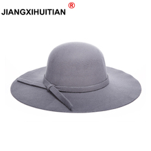 2017 sombreros de invierno para las mujeres de ancho Vintage ala sombrero de fieltro de lana sombrero campana flexible de las mujeres sombrero grande iglesia cap 2024 - compra barato