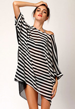 Plus Size Summer Casual Dress See-through Stripe Swimsuit Cover Up Dresses 40885 2024 - buy cheap