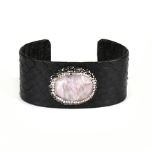 Pulseira oval feminina, bracelete grande com contas de pedra rosa, com strass ajustável, de couro preto, aberto 2024 - compre barato