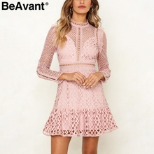 BeAvant O neck hollow out sexy winter dresses Sweet pink ruffle lace dress autumn 2018 High waist long sleeve party dress female 2024 - buy cheap
