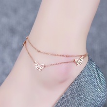 Rose Gold Color Stainless Steel Hollow Butterfly Anklet Women Summer Foot Jewelry, Double Chains Anklets Beach Accessories 2024 - buy cheap