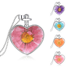 Lucky Jewelry with Silver Plated Glass Bottle Dried Nutural Flower Heart Pendant Choker Long Necklace for Women Gift 2024 - buy cheap