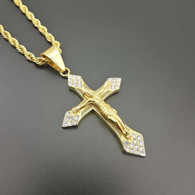 New Design Rhinestones Paved Gold Color Stainless Steel INRI Crucifix Jesus Cross Pendant Necklace Men Hip Hop Rapper Jewelry 2024 - buy cheap